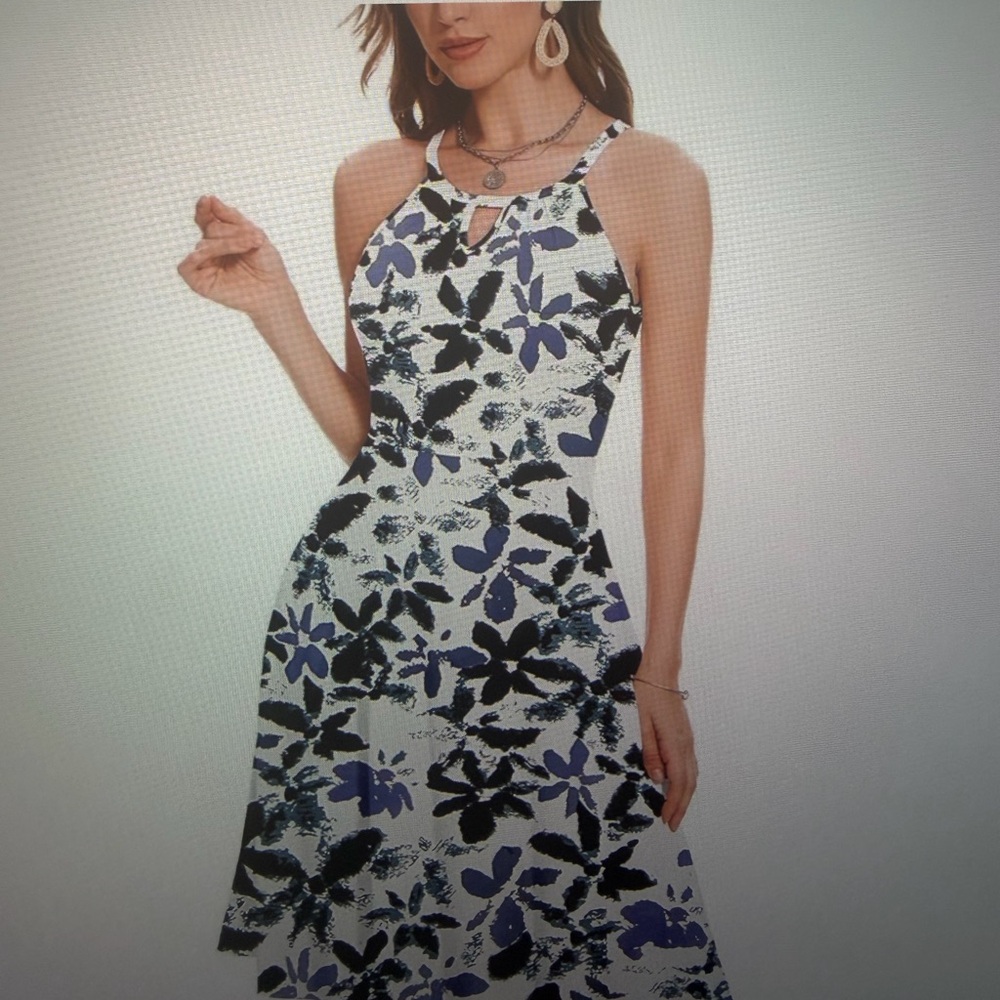 Amazon Floral Halter Dress in Navy and White